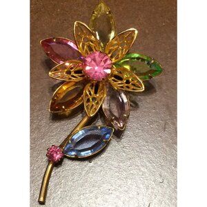 Multi Color Large Rhinestone Petals Flower Pin Brooch with Stem Vintage 1960s 2-